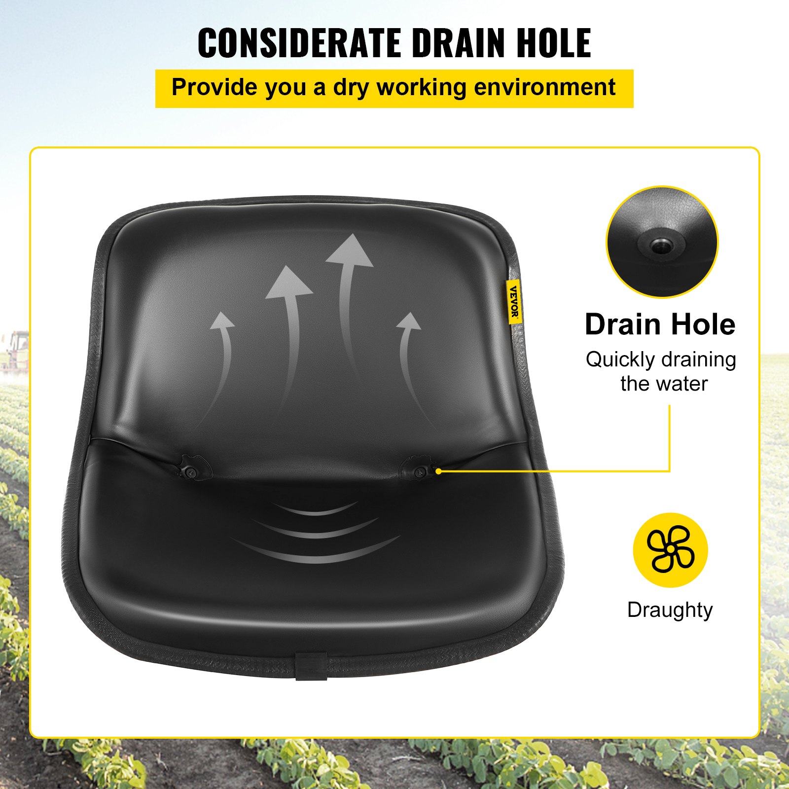 Asiento universal para tractor VEVOR, respaldo alto industrial, repuesto de asiento para cortacésped de PVC negro, con dos orificios de drenaje, estructura de acero, asiento compacto para montacargas, compatible con montacargas, excavadoras y cortacésped.