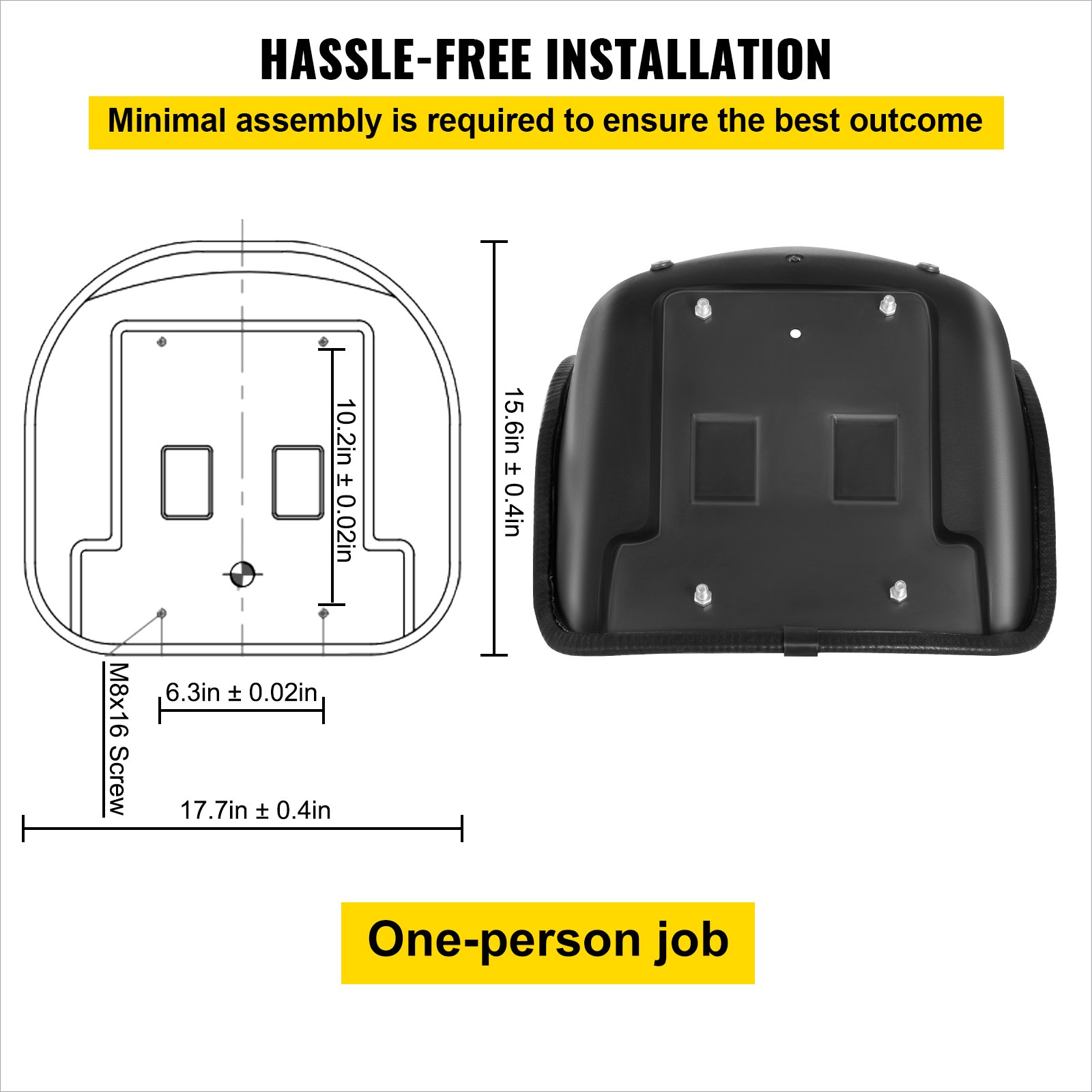 Asiento universal para tractor VEVOR, respaldo alto industrial, repuesto de asiento para cortacésped de PVC negro, con dos orificios de drenaje, estructura de acero, asiento compacto para montacargas, compatible con montacargas, excavadoras y cortacésped.
