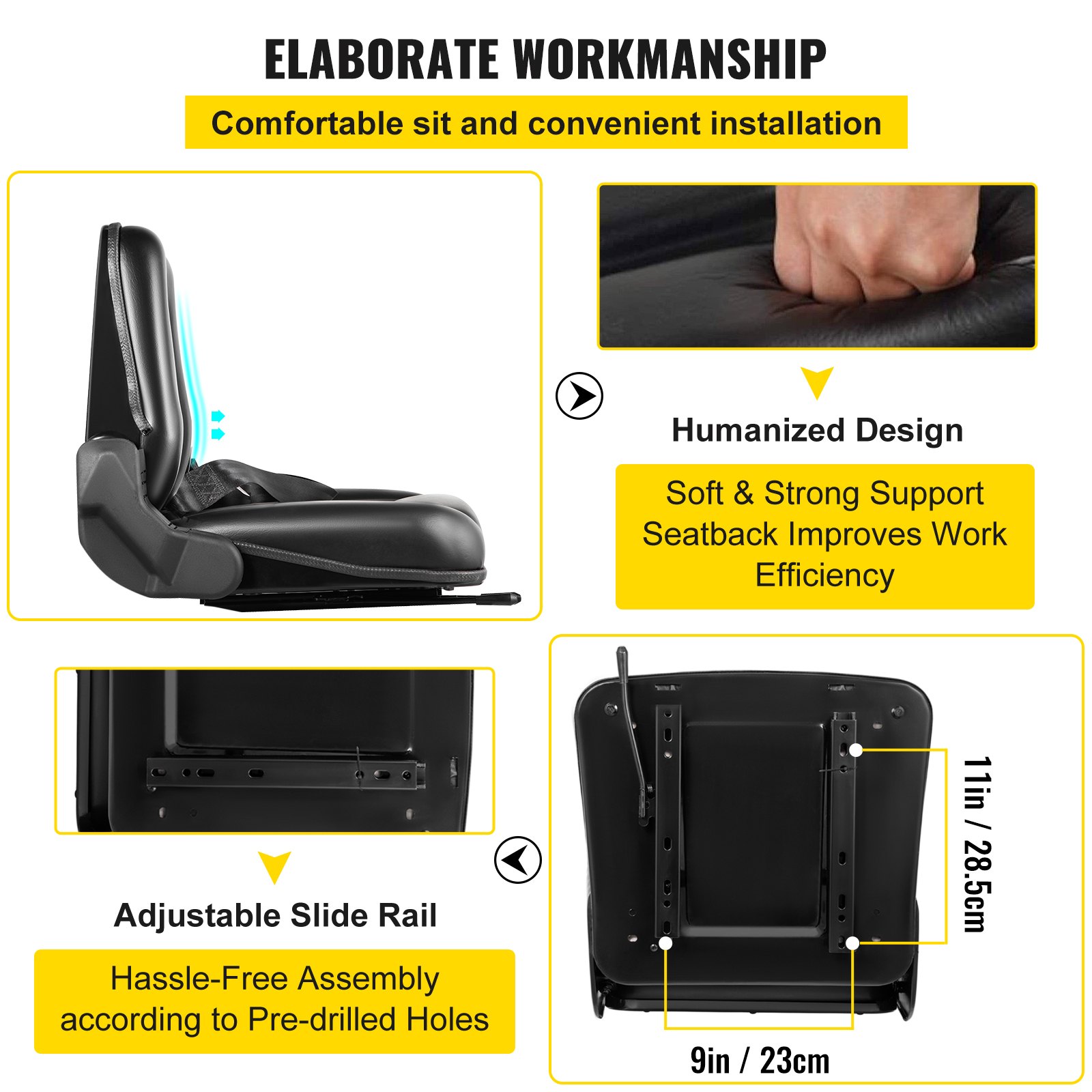 VEVOR Asiento de montacargas universal Asiento de tractor de PVC negro, Asiento de cortacésped ajustable de 6 "/ 150 MM Asiento plegable que incluye cinturón de seguridad e interruptor de asiento, Asiento de dirección deslizante de 18.5" x 20 "x 18" para montacargas, tractor, cargador deslizante