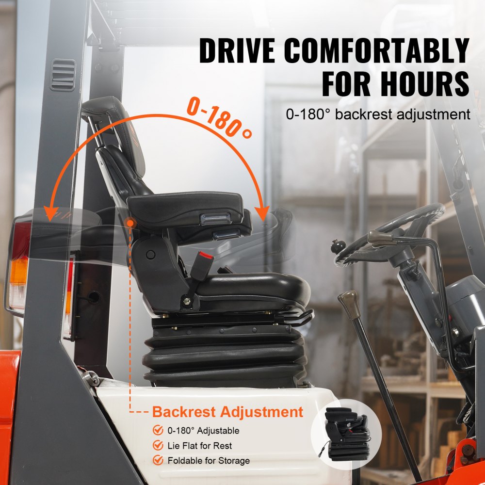 Asiento de tractor universal VEVOR con respaldo ajustable de 0 a 180° para mayor comodidad y almacenamiento plegable.