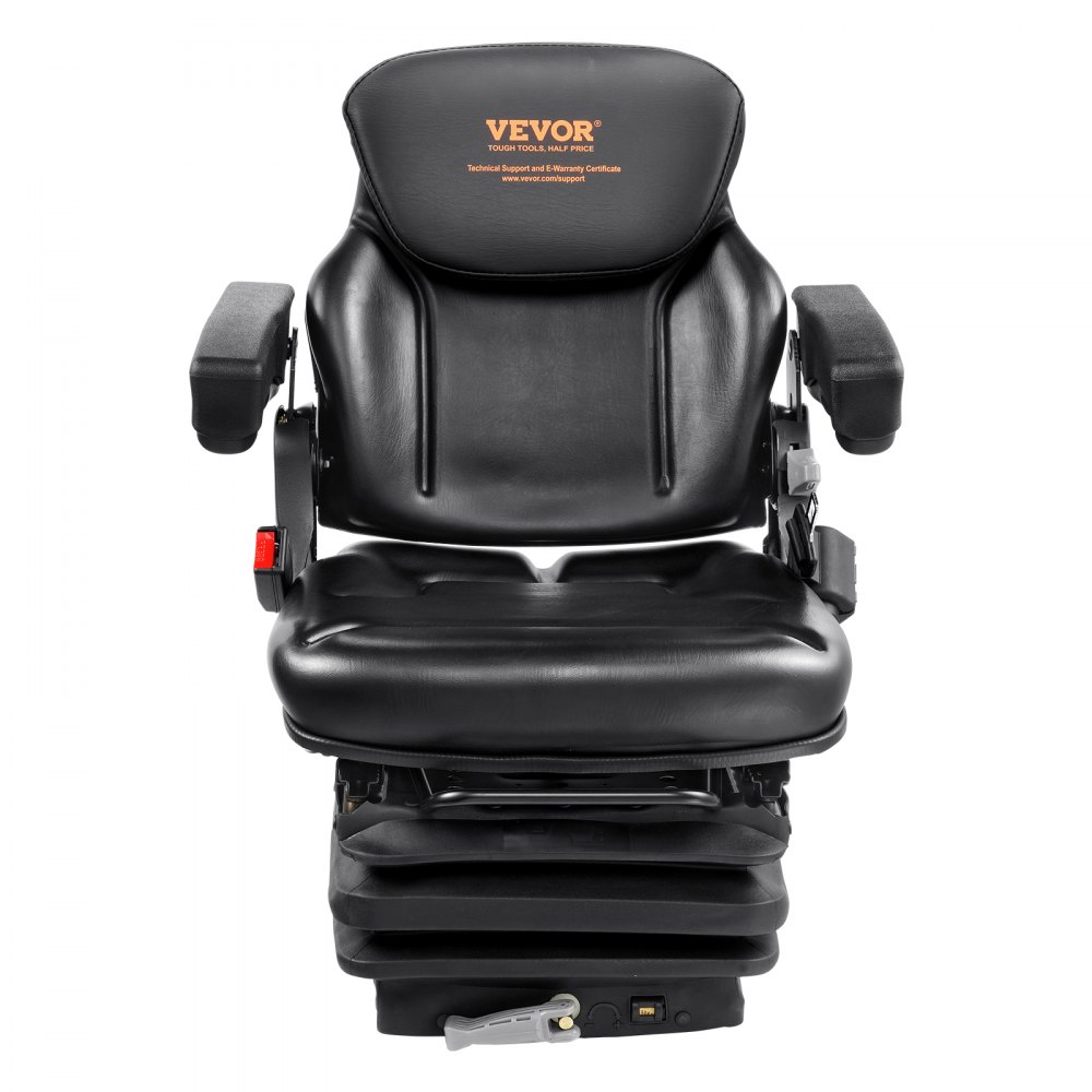 Asiento de tractor universal VEVOR en color negro con reposabrazos ajustables y diseño ergonómico.