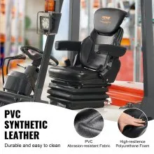VEVOR Suspensión universal para asiento de tractor, asiento plegable para carretilla elevadora con respaldo de ángulo ajustable, microinterruptor, cinturón de seguridad y reposabrazos, asiento de trac