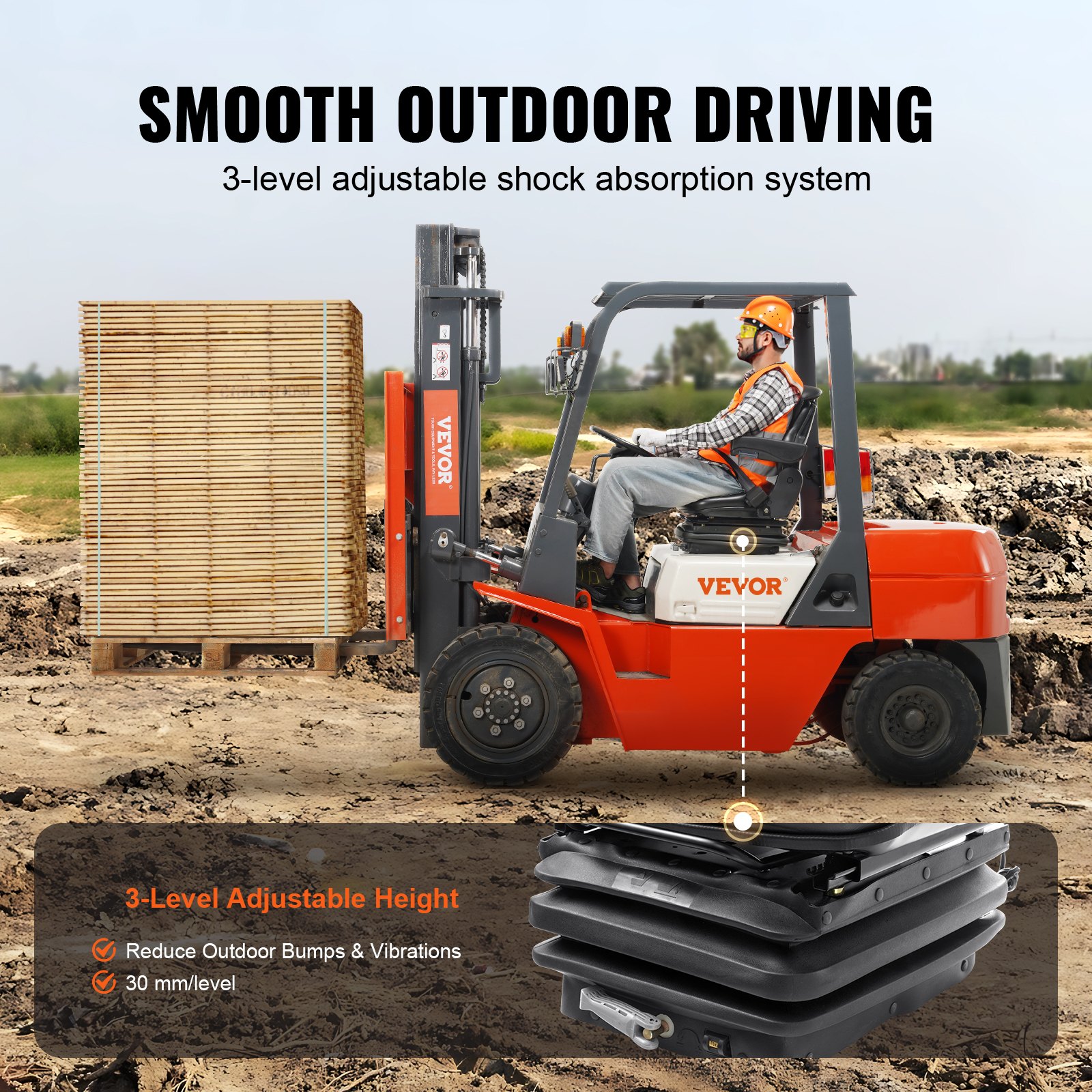 Carretilla elevadora con asiento de tractor universal VEVOR, absorción de impactos ajustable en 3 niveles para una conducción suave al aire libre.