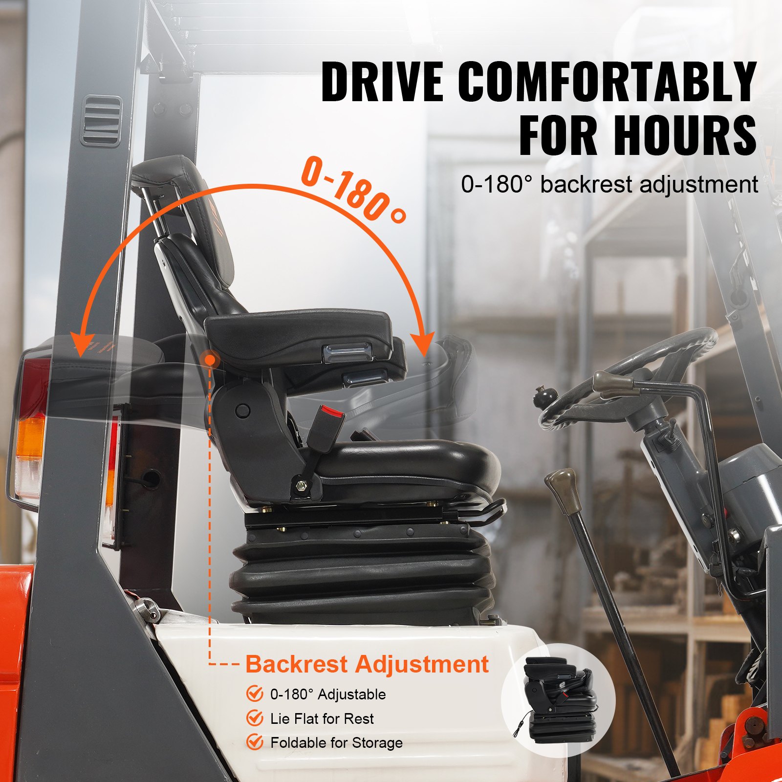 Asiento de tractor universal VEVOR con respaldo ajustable de 0 a 180° para mayor comodidad y almacenamiento plegable.