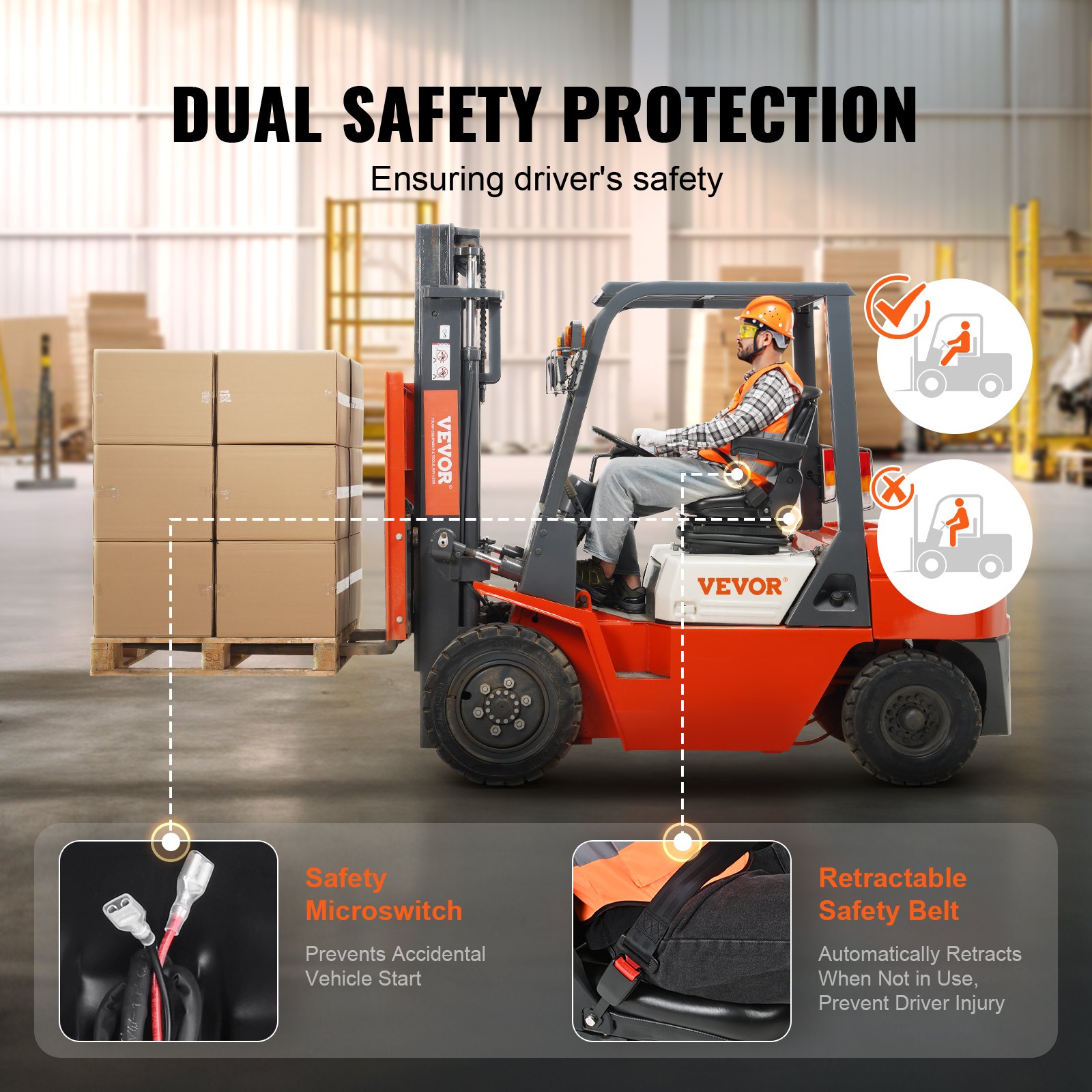 Carretilla elevadora con asiento de tractor universal VEVOR con microinterruptor de seguridad y cinturón de seguridad retráctil.