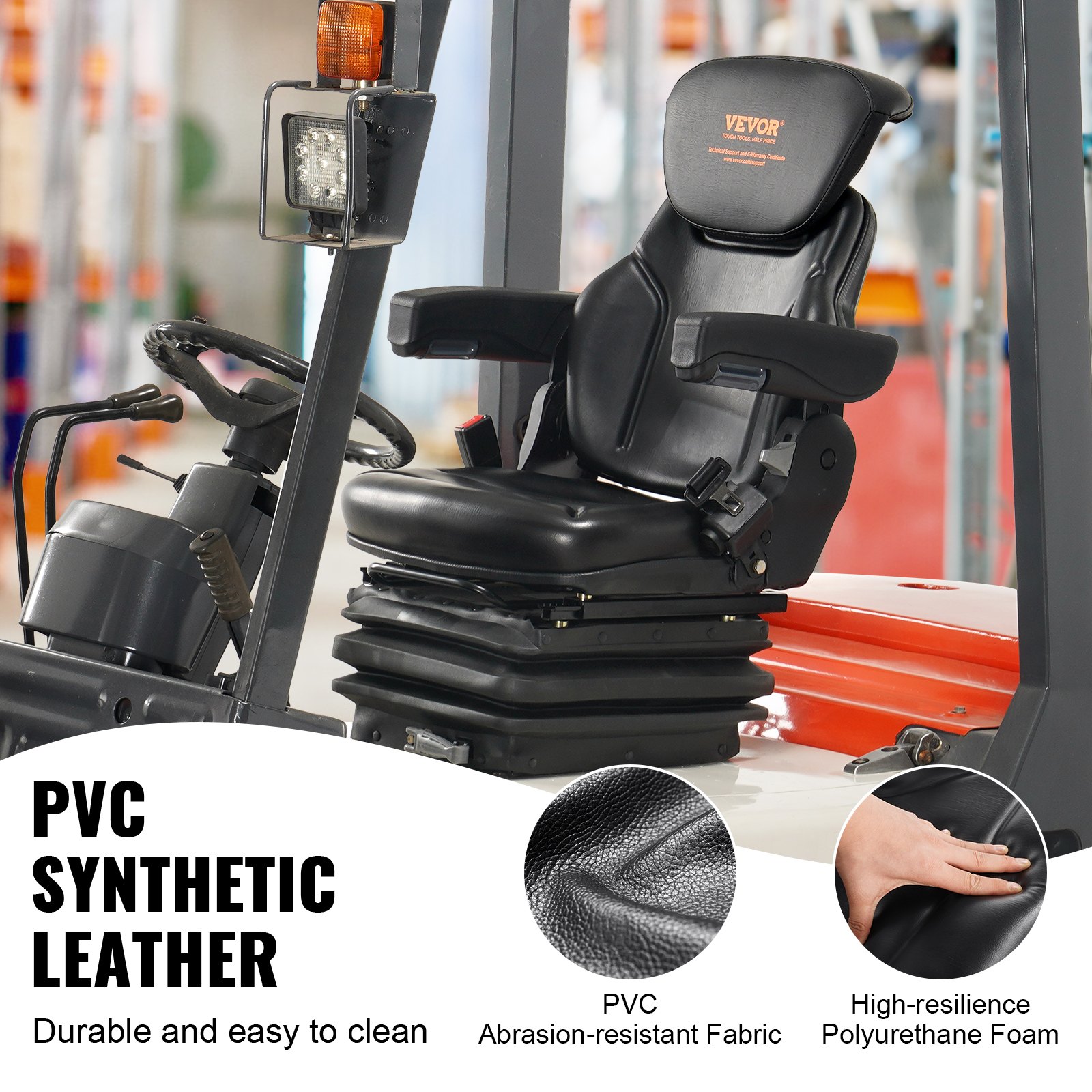 Asiento de tractor universal VEVOR con cuero sintético de pvc y espuma de alta resiliencia para mayor durabilidad.