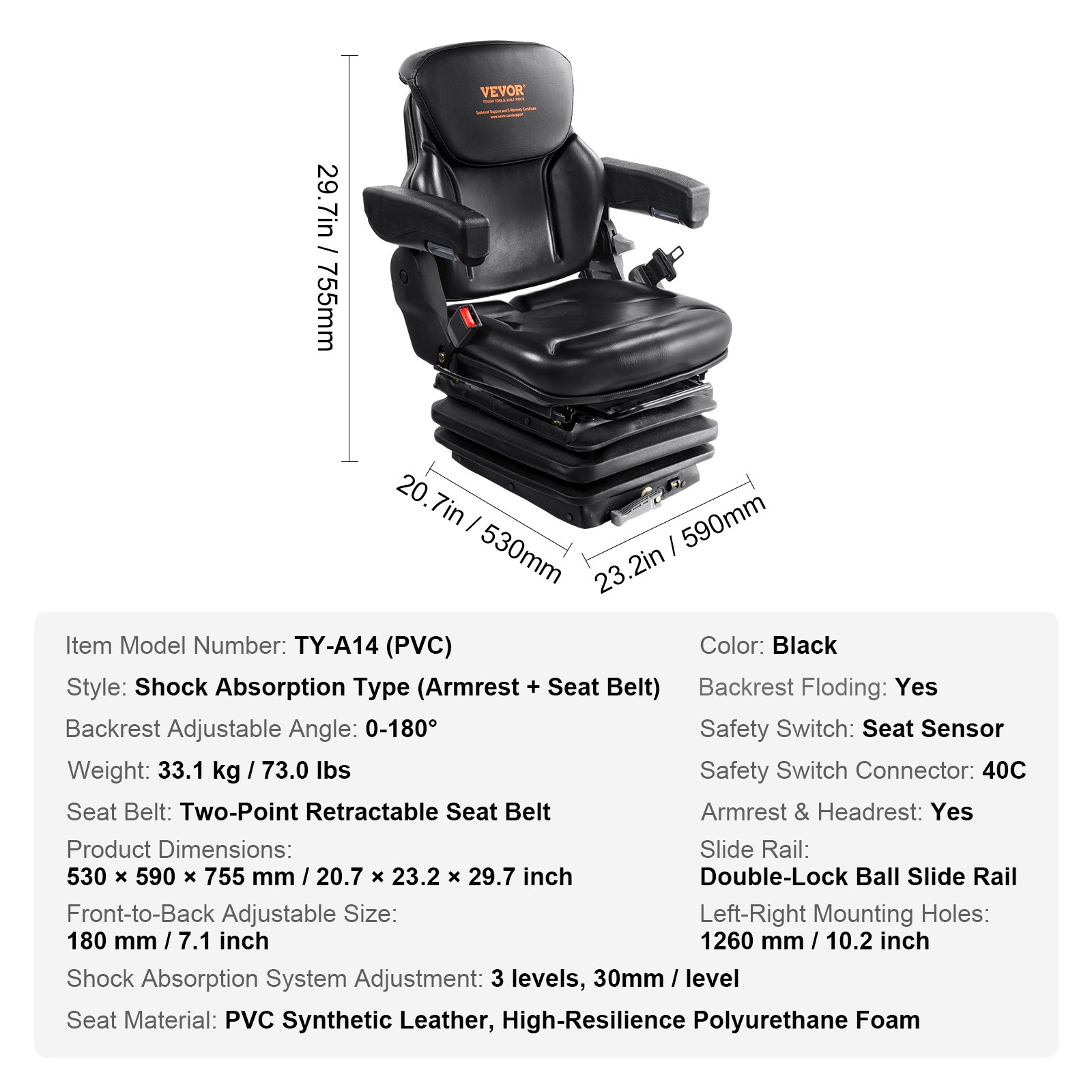Asiento de tractor universal VEVOR con reposabrazos, reposacabezas, absorción de impactos y cinturón de seguridad retráctil de dos puntos.
