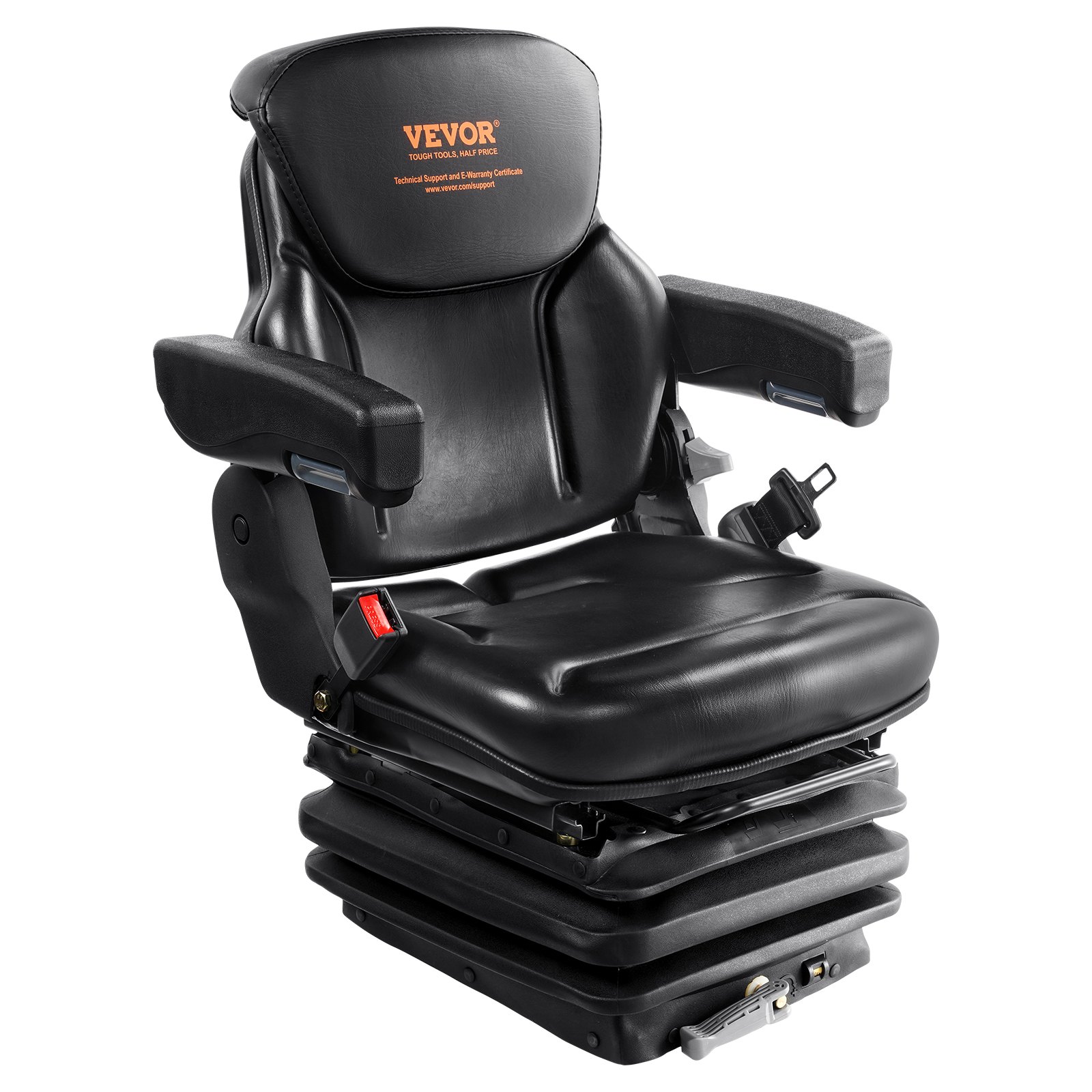 Asiento de tractor universal VEVOR de cuero negro con reposabrazos, cinturón de seguridad y base de suspensión ajustable.
