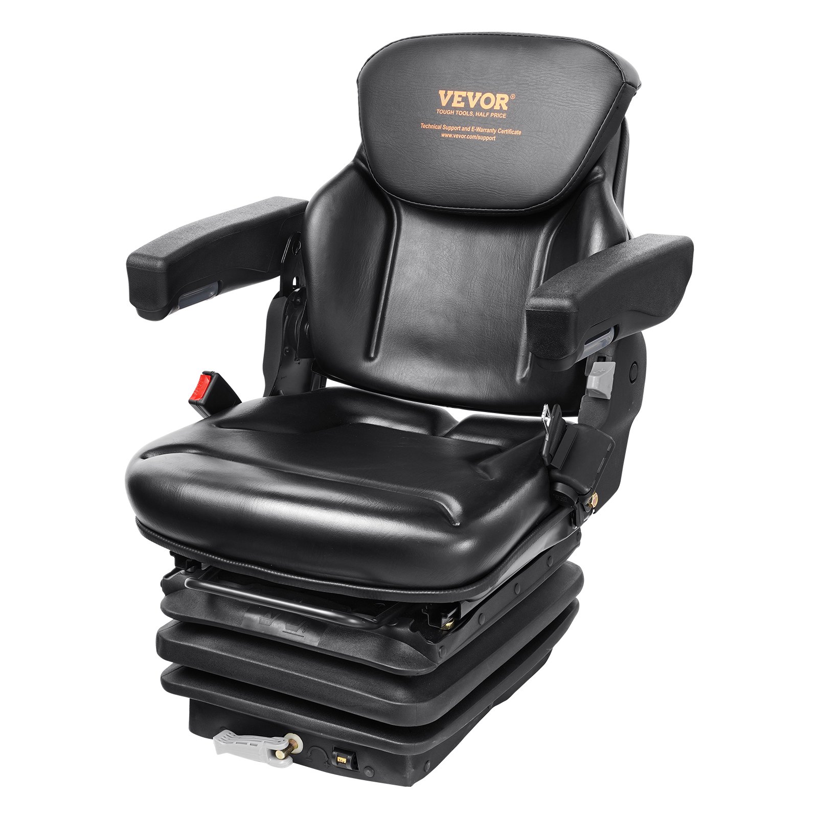 Asiento de tractor universal VEVOR con diseño ergonómico, cojín acolchado negro y reposabrazos ajustables.