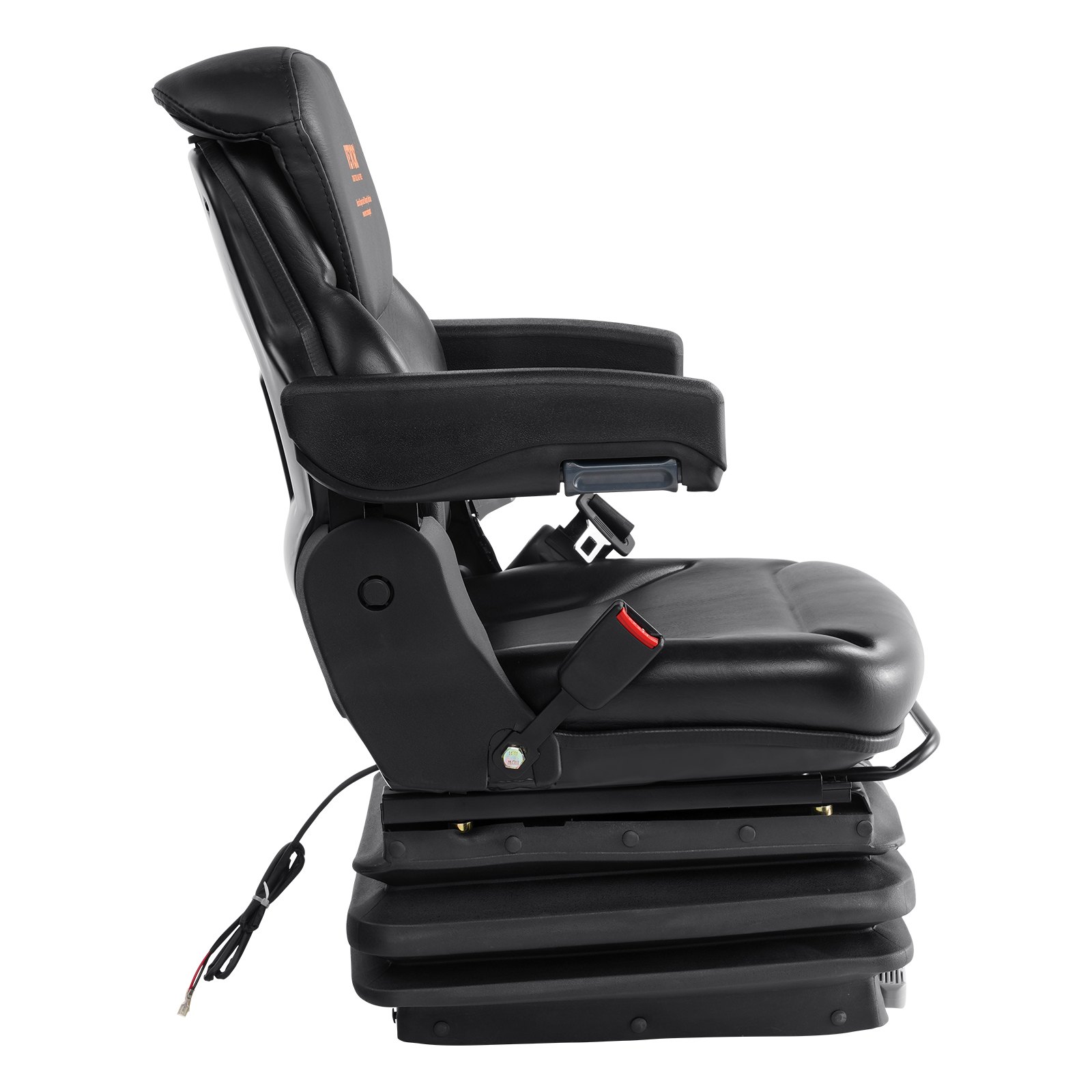 Asiento de tractor universal VEVOR negro con reposabrazos ajustables, respaldo ergonómico y cinturón de seguridad.
