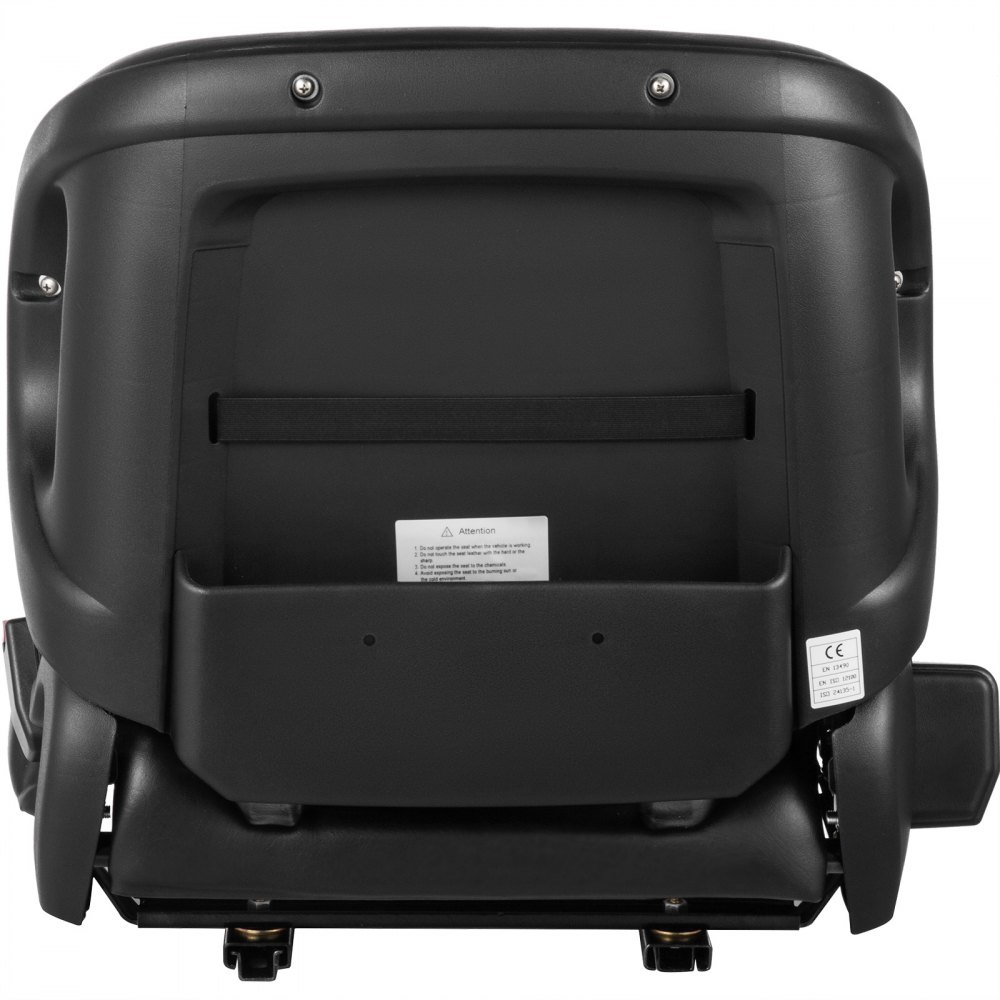 Vista posterior del asiento de tractor universal VEVOR negro con un diseño elegante y ergonómico.