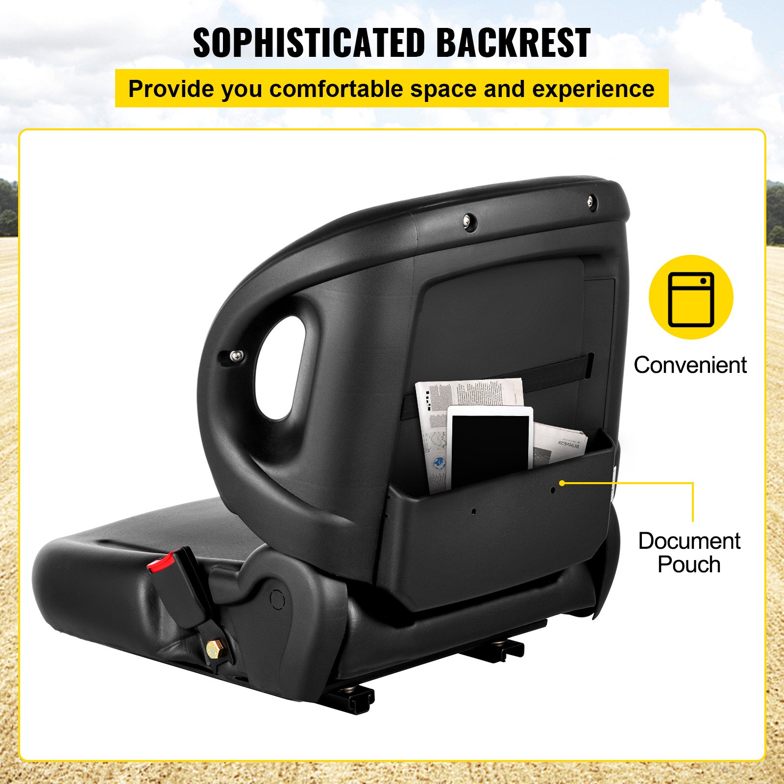 Asiento de tractor universal VEVOR con respaldo, práctico bolsillo para documentos y asa.