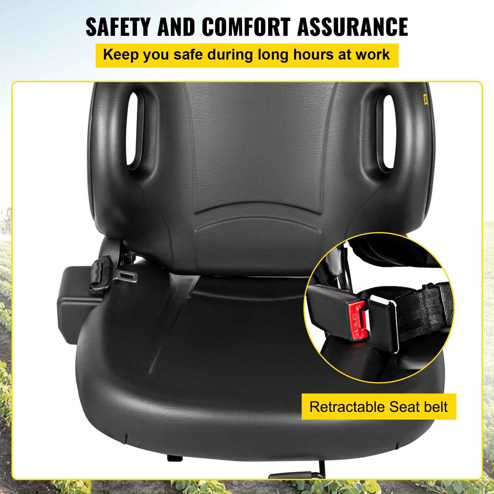 Asiento de tractor universal VEVOR con cinturón de seguridad retráctil para mayor seguridad y comodidad en el trabajo.