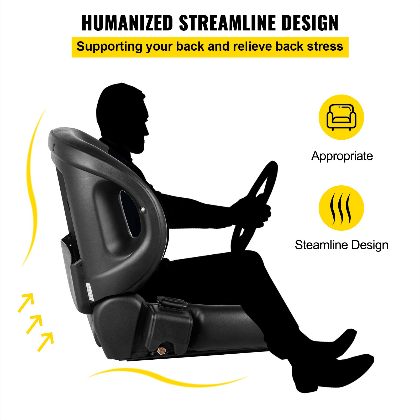 Asiento de tractor universal VEVOR que ofrece un diseño ergonómico y aerodinámico con soporte para la espalda.