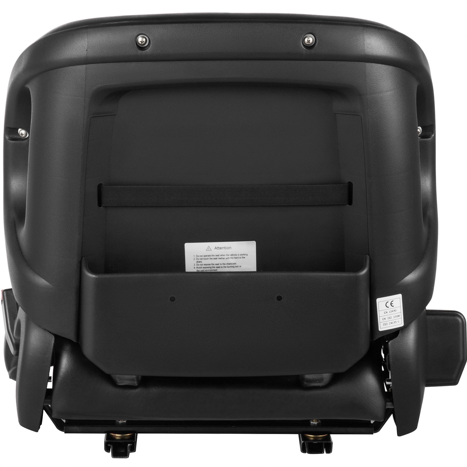 Vista posterior del asiento de tractor universal VEVOR negro con un diseño elegante y ergonómico.