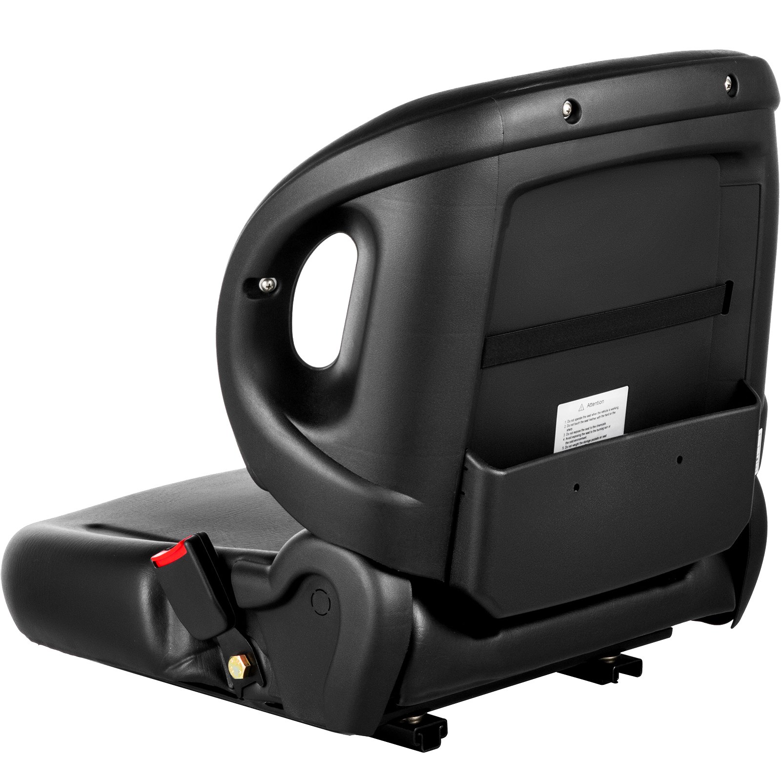 Asiento de tractor universal VEVOR negro con bolsillo de almacenamiento y hebilla roja.