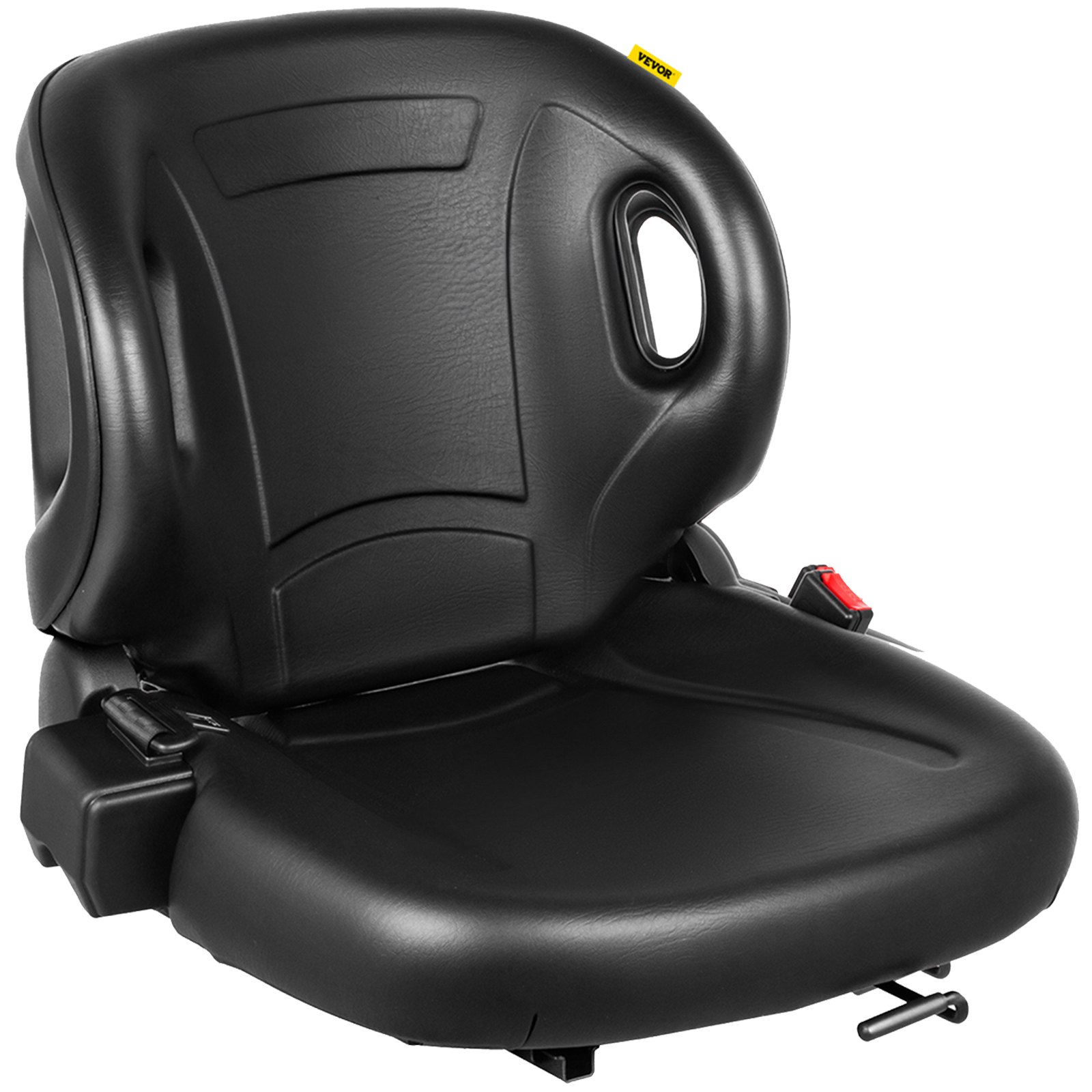 Asiento de tractor universal VEVOR negro con respaldo ajustable y cinturón de seguridad.