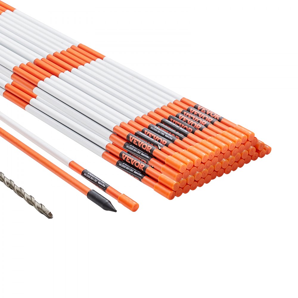 Marcadores de entrada VEVOR, 50 unidades de 122 cm (0,31 pulgadas) de diámetro, postes de fibra de vidrio naranja, estacas para nieve con cinta reflectante, broca de acero de 30 cm y guantes de protección para estacionamientos y pasarelas, fácil visibilidad.
