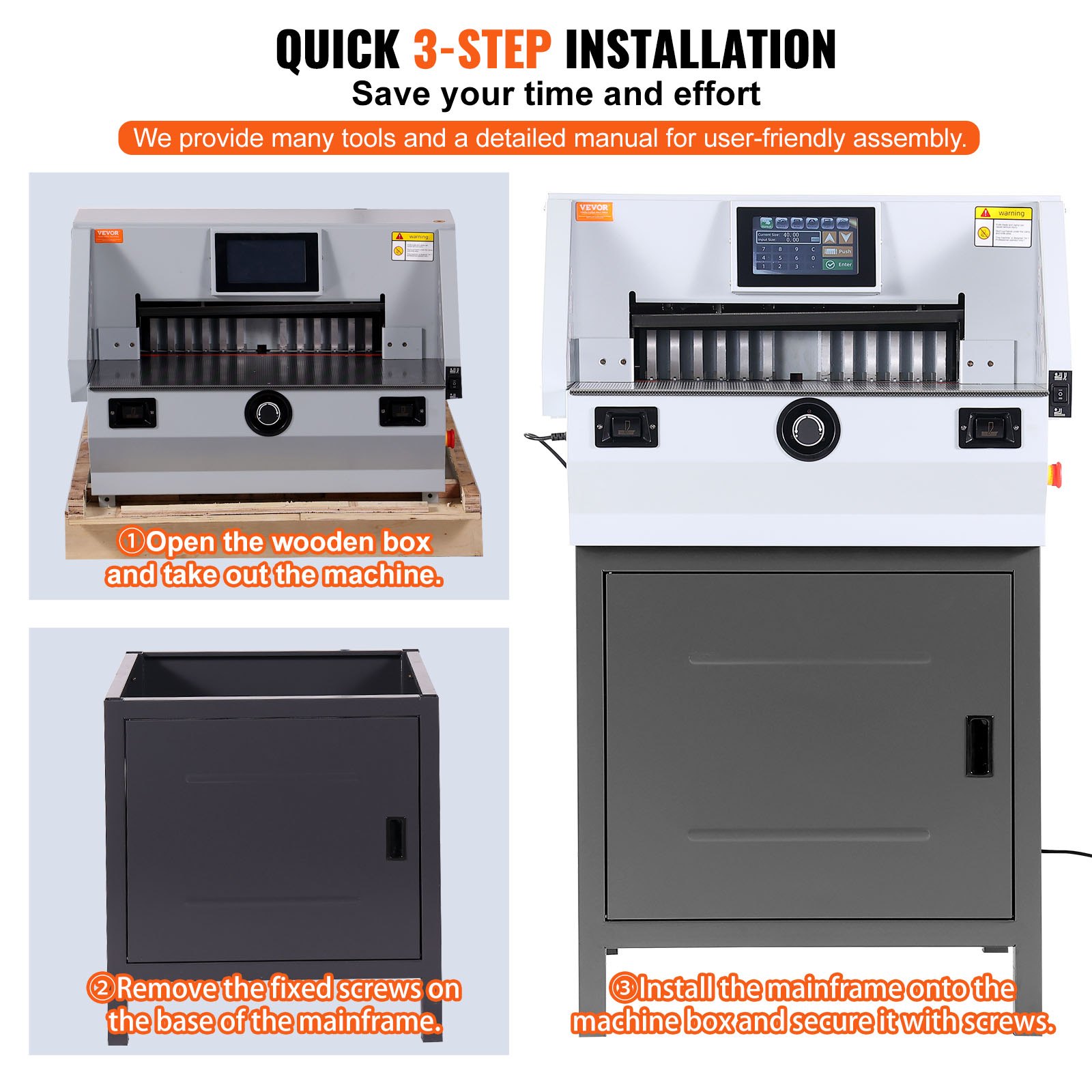 Cortadora de papel eléctrica VEVOR, de alta resistencia, con ancho de corte de 482,6 mm (19") y grosor de corte de 80 mm (3,14"). Incluye pantalla táctil de 7" y control numérico.