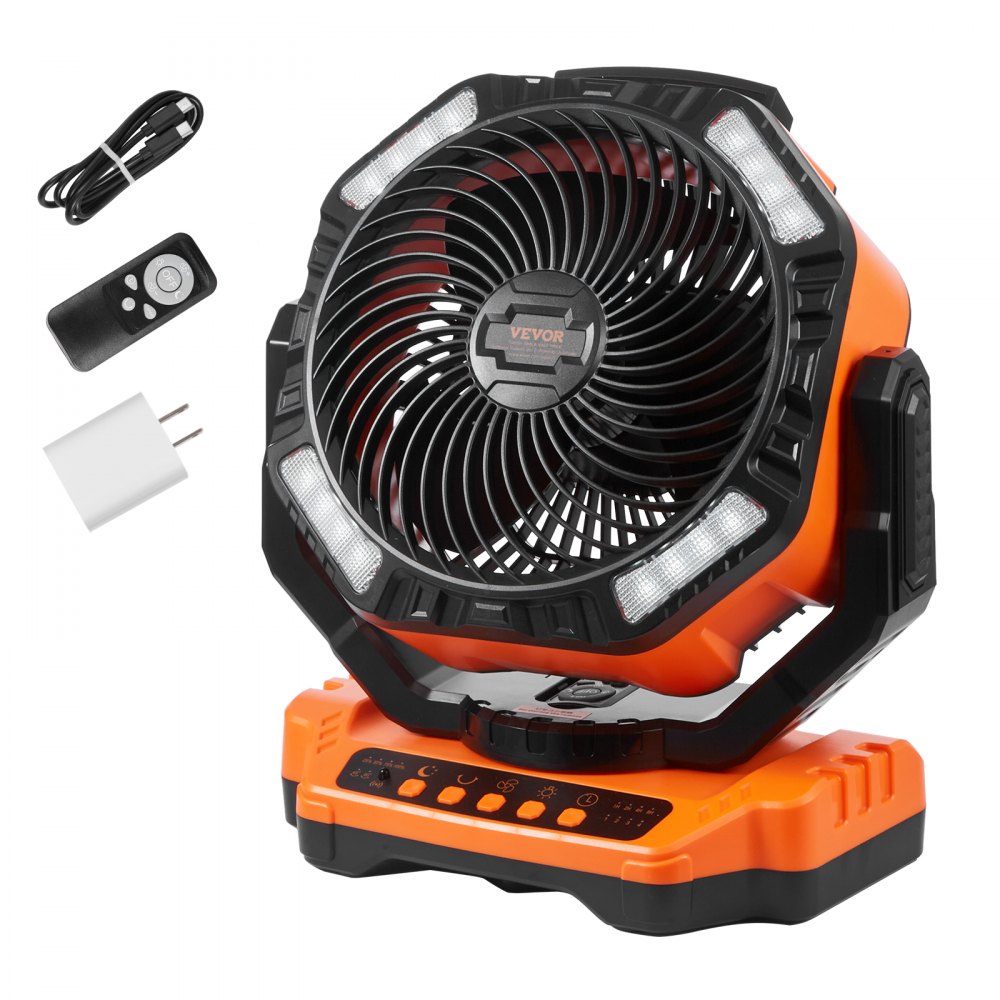 Ventilador portátil VEVOR recargable de 13 pulgadas, con batería y linterna LED, 4 velocidades ajustables, giro automático de 45°/90° y temporizador, funciona con USB, ideal para viajes, dormitorio, casa, camping, oficina.