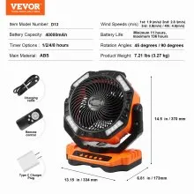 VEVOR Ventilador portátil recargable de 13 pulgadas, ventilador con batería con linterna LED, 4 velocidades ajustables y giro automático de 45°/90° y temporizador, ventiladores USB con pilas para viajes, dormitorio, hogar, camping, oficina