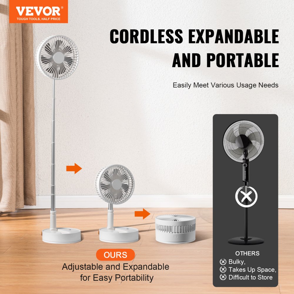 VEVOR Ventilador de pie oscilante plegable de 8 pulgadas con control remoto, ventilador de escritorio portátil ajustable de 4 velocidades, silencioso, pequeño ventilador USB recargable de 7200 mAh, ventilador de piso giratorio plegable para dormitorio, oficina, viajes