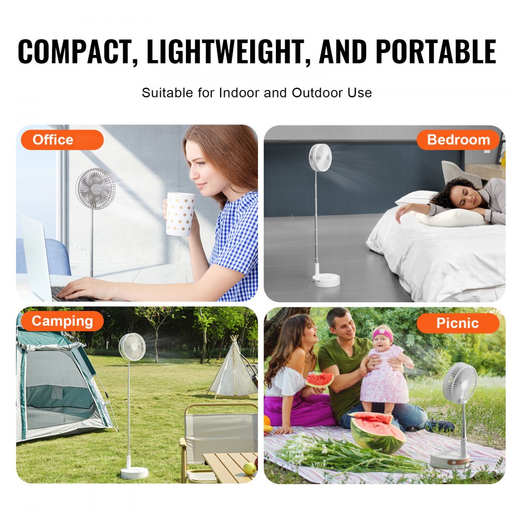 VEVOR Ventilador de pie oscilante plegable de 8 pulgadas con control remoto, ventilador de escritorio portátil ajustable de 4 velocidades, silencioso, pequeño ventilador USB recargable de 7200 mAh, ventilador de piso giratorio plegable para dormitorio, oficina, viajes