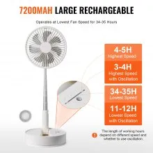 VEVOR Ventilador de pie oscilante plegable de 8 pulgadas con control remoto, ventilador silencioso de escritorio portátil ajustable de 4 velocidades, ventilador pequeño USB recargable de 7200 mAh, ventilador de piso giratorio plegable para dormitorio, oficina, viajes