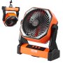 Ventilador portátil VEVOR naranja con aspas negras, base ajustable y panel de control mostrado de cerca.