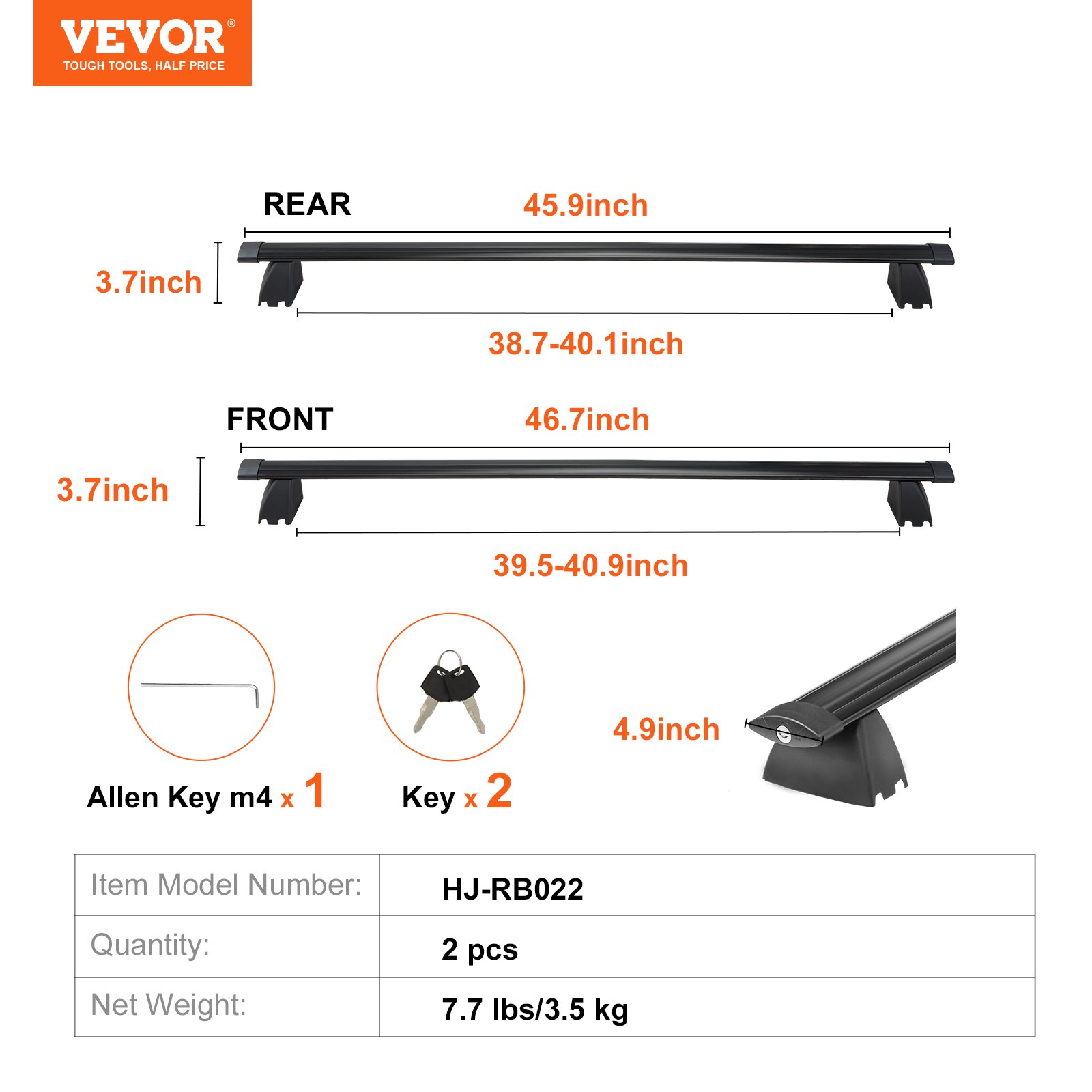 Dimensiones de las barras transversales del portaequipajes de techo VEVOR, detalles del producto y llaves incluidas con llave Allen para la instalación.