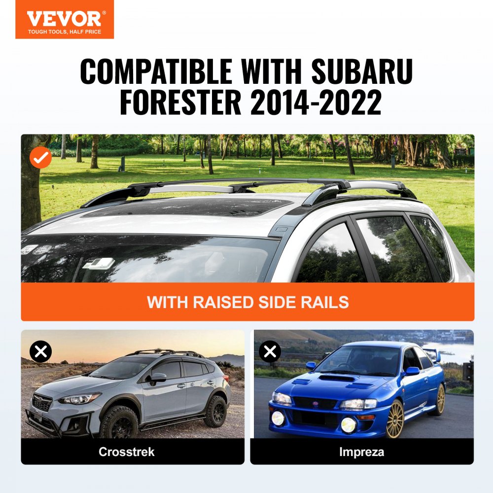 Barras transversales de techo VEVOR compatibles con Subaru Forester 2014-2022 con rieles laterales elevados.