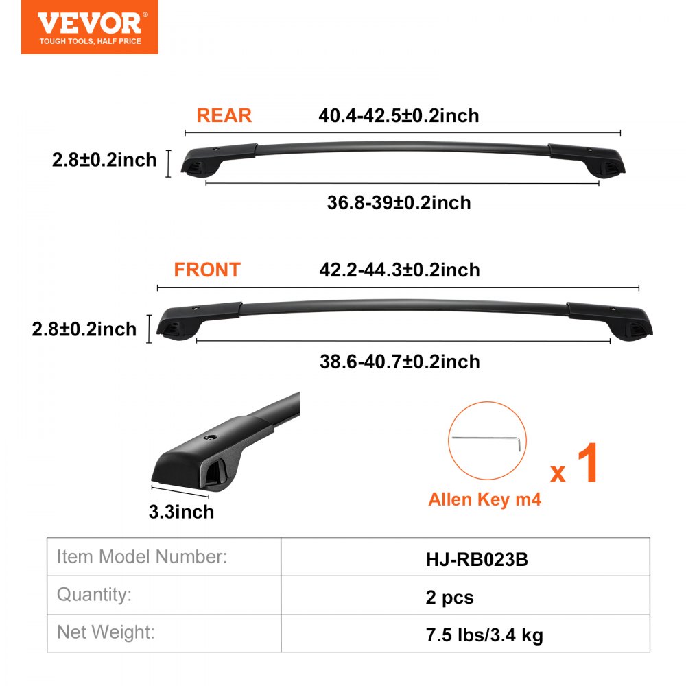 Barras transversales de techo VEVOR con dimensiones; incluye barras delanteras y traseras, llave Allen, modelo hj-rb023b.