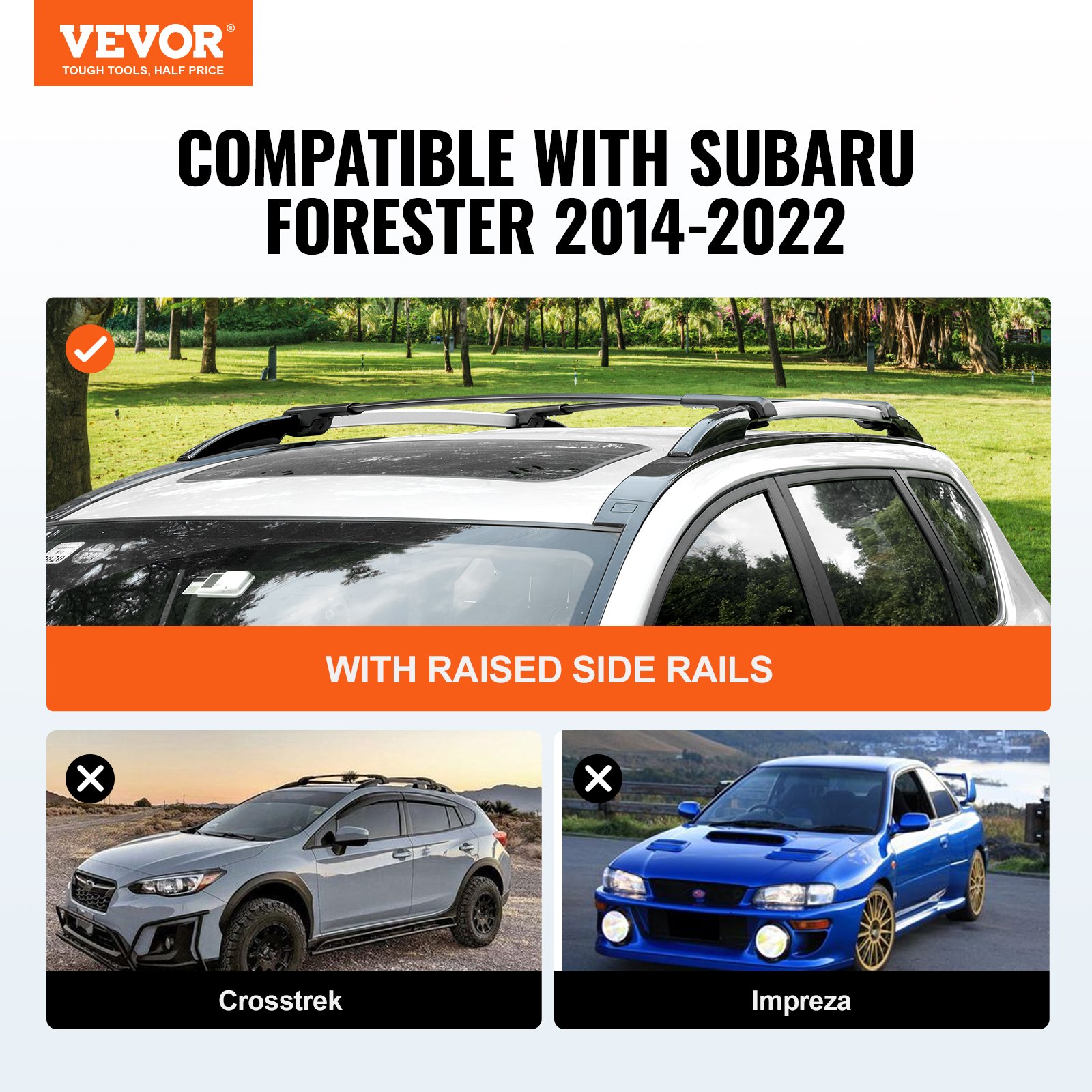 Barras transversales de techo VEVOR compatibles con Subaru Forester 2014-2022 con rieles laterales elevados.