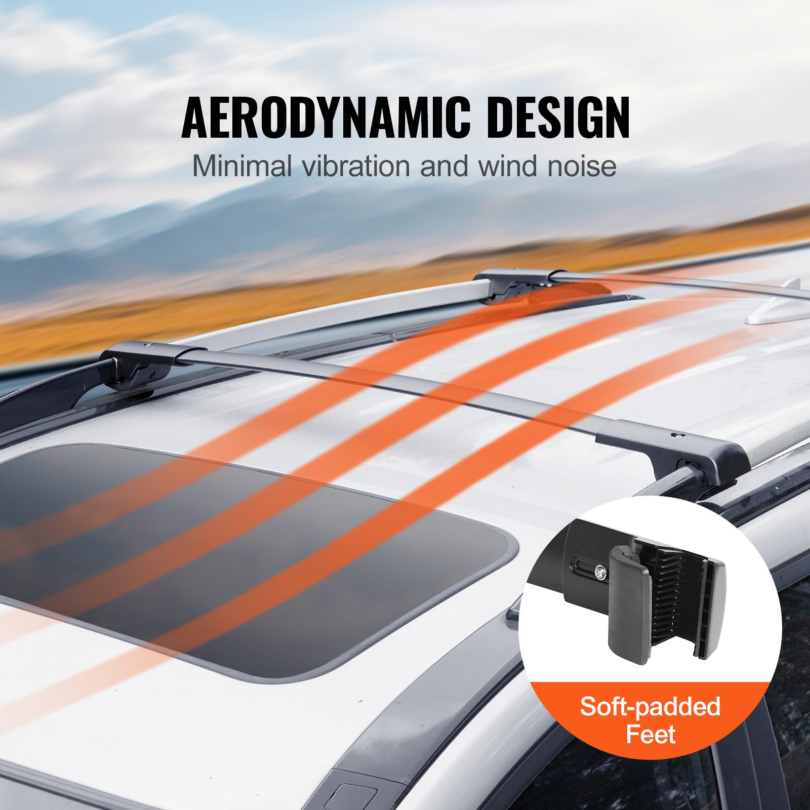 Barras transversales de techo aerodinámicas VEVOR con mínimo ruido de viento, pies acolchados suaves para un agarre seguro.