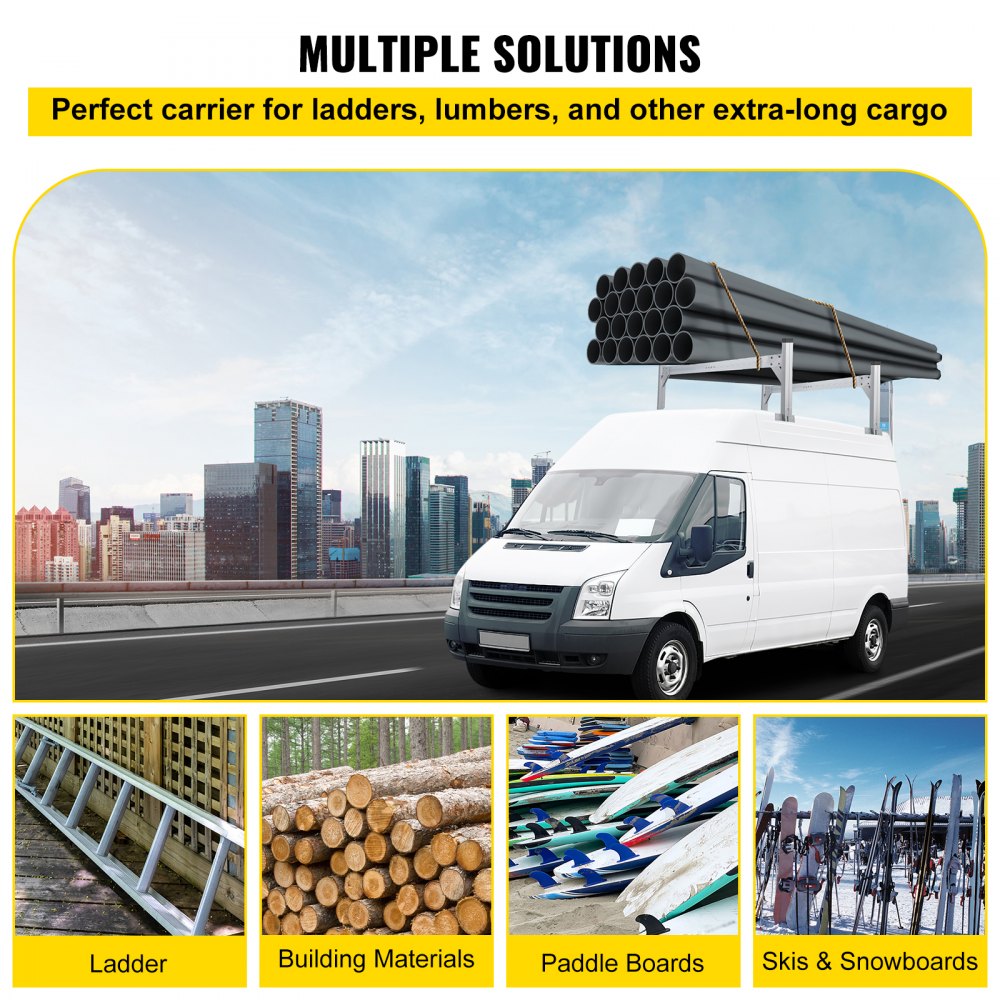 Portaescaleras de techo universal VEVOR, apto para furgonetas de 6.2'-8.3' de ancho, portaescaleras de remolque de aluminio ajustable de 2 barras con capacidad de 330 libras, para furgonetas de carga, camiones o camionetas, plateado