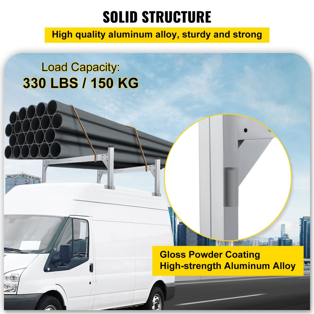 VEVOR Portaescaleras universal para techo, apto para furgonetas de 6,2 a 8,3 pies de ancho, portaescaleras de aluminio ajustable de 2 barras con capacidad de 330 lb, para furgonetas de carga, camiones o camionetas, color plateado