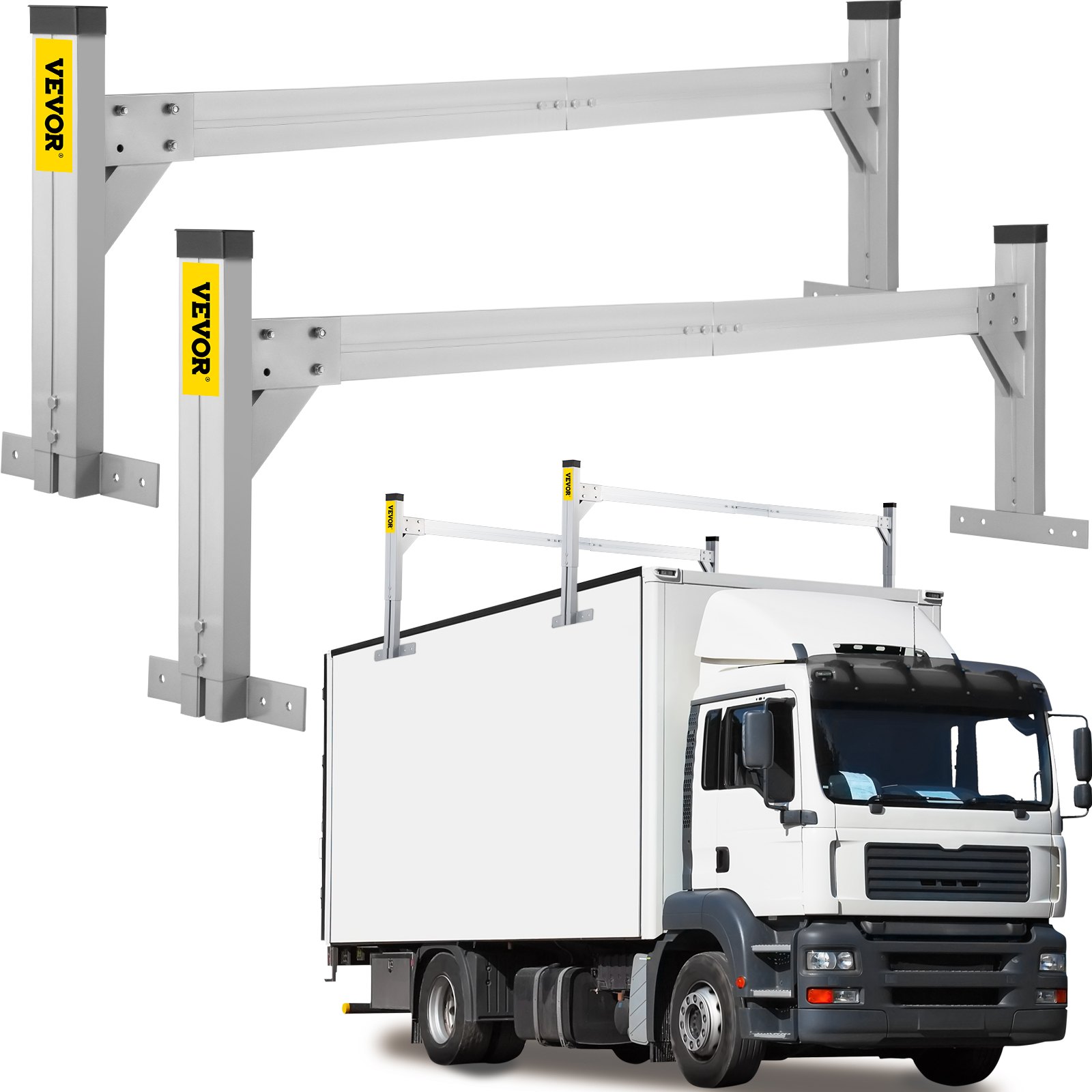 Portaescaleras de techo universal VEVOR, apto para furgonetas de 6.2'-8.3' de ancho, portaescaleras de remolque de aluminio ajustable de 2 barras con capacidad de 330 libras, para furgonetas de carga, camiones o camionetas, plateado