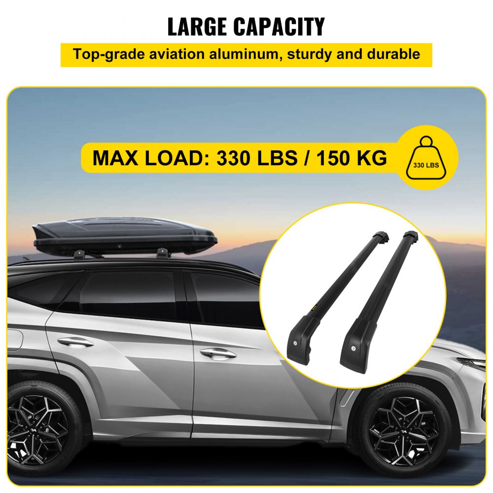 Barras transversales VEVOR para techo de Hyundai Tucson con capacidad de carga de 330 lb en un SUV plateado.