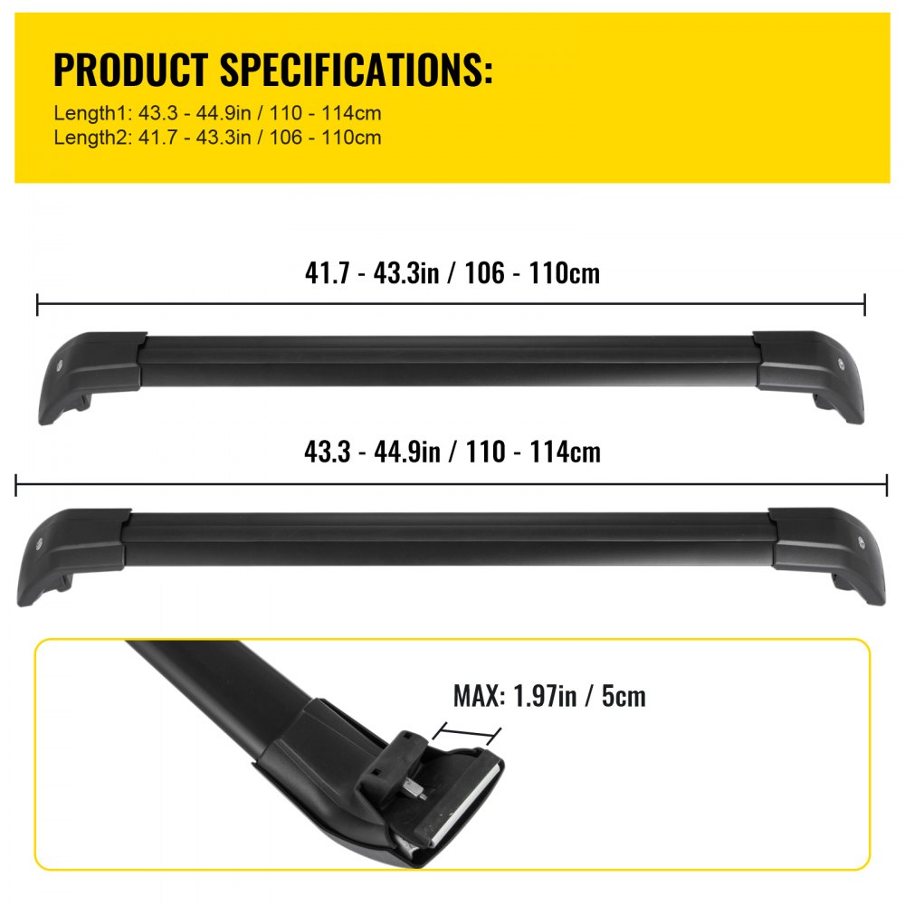 Barras transversales VEVOR para techo de Hyundai Tucson con longitudes ajustables y ancho máximo de 1,97 pulgadas.