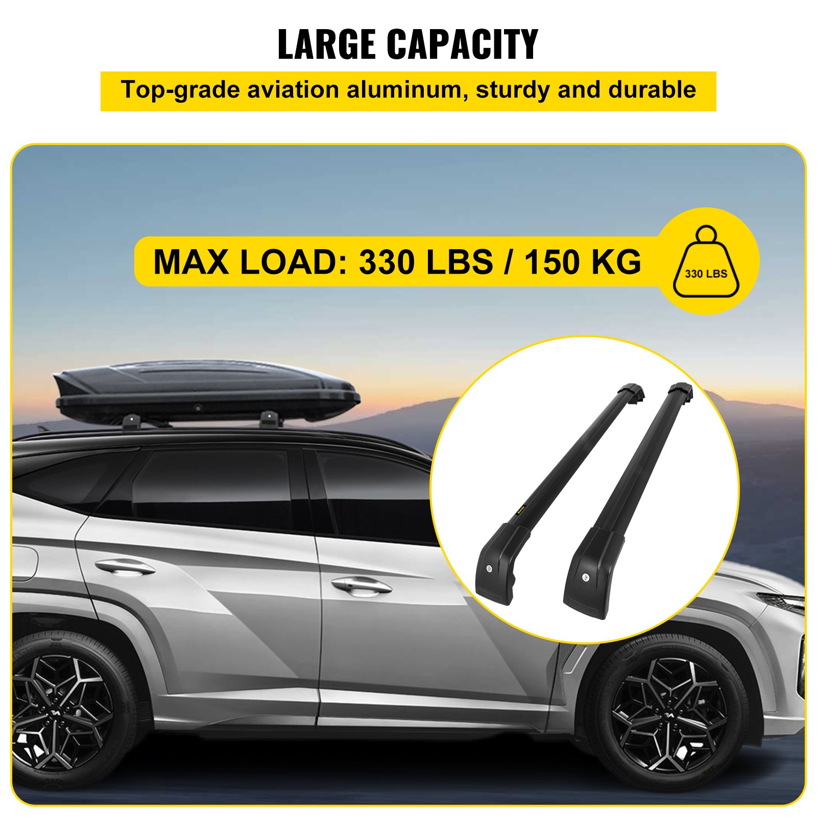 Barras transversales VEVOR para techo de Hyundai Tucson con capacidad de carga de 330 lb en un SUV plateado.