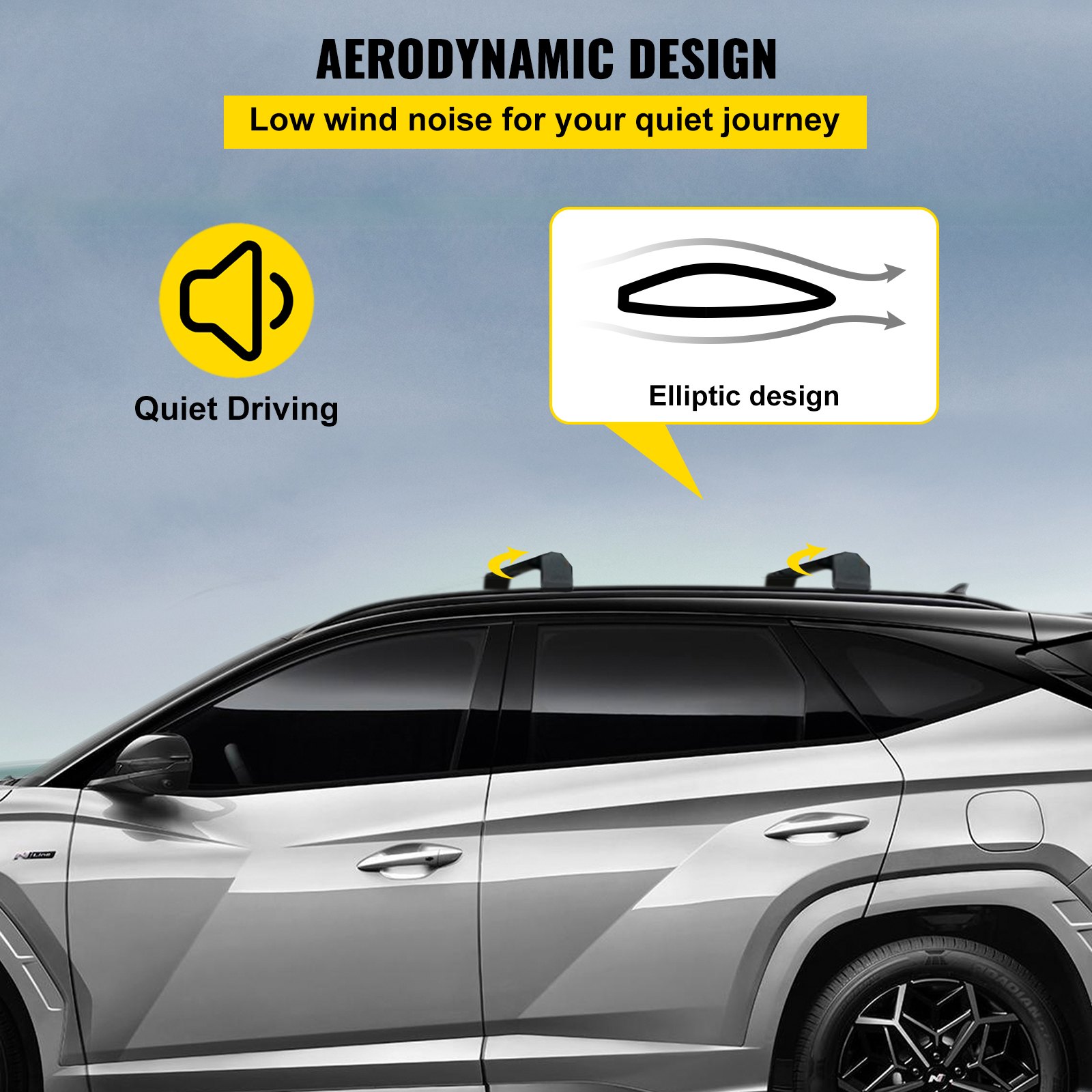 Barras transversales VEVOR para techo de Hyundai Tucson, diseño aerodinámico que enfatiza una conducción silenciosa.