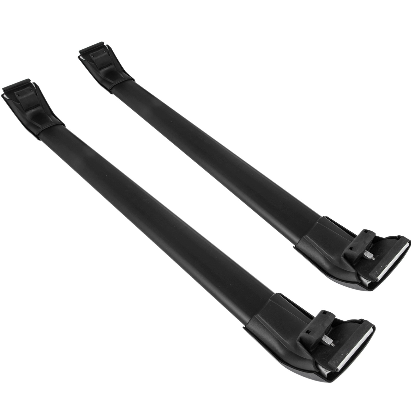 Barras transversales de techo VEVOR para Hyundai Tucson en color negro, mostradas desde un ángulo superior.