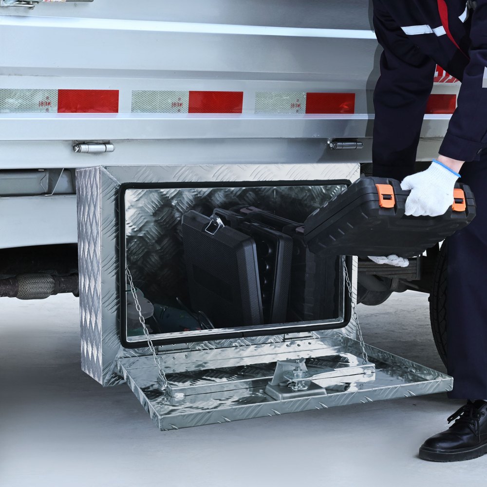 Caja debajo de la carrocería del camión VEVOR en uso, almacenando herramientas y equipos de forma segura debajo de un vehículo.