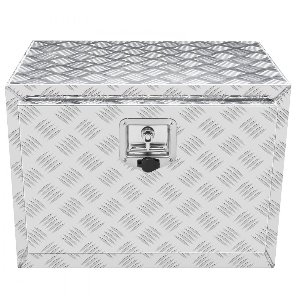 Caja para debajo de la carrocería del camión VEVOR con diseño robusto de placa de diamante plateado y cerradura con pestillo seguro.