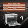 Caja de carrocería para camión VEVOR con dimensiones, capacidad de carga, peso y detalles de accesorios mostrados.