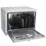 Caja para debajo de la carrocería del camión VEVOR con herramientas y equipos dentro de un estuche abierto de aluminio con placa de diamante.