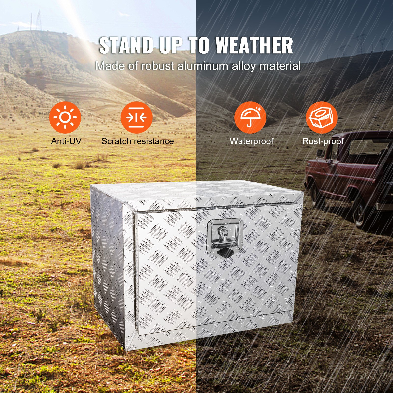 Caja para camión debajo de la carrocería VEVOR en un campo, que muestra características anti-UV, resistencia a rayones, impermeable y a prueba de óxido.