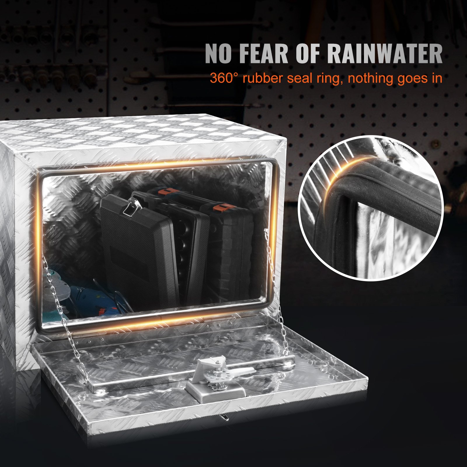 Caja para debajo de la carrocería del camión VEVOR con sello de goma a prueba de agua, que muestra almacenamiento interior y un diseño resistente.