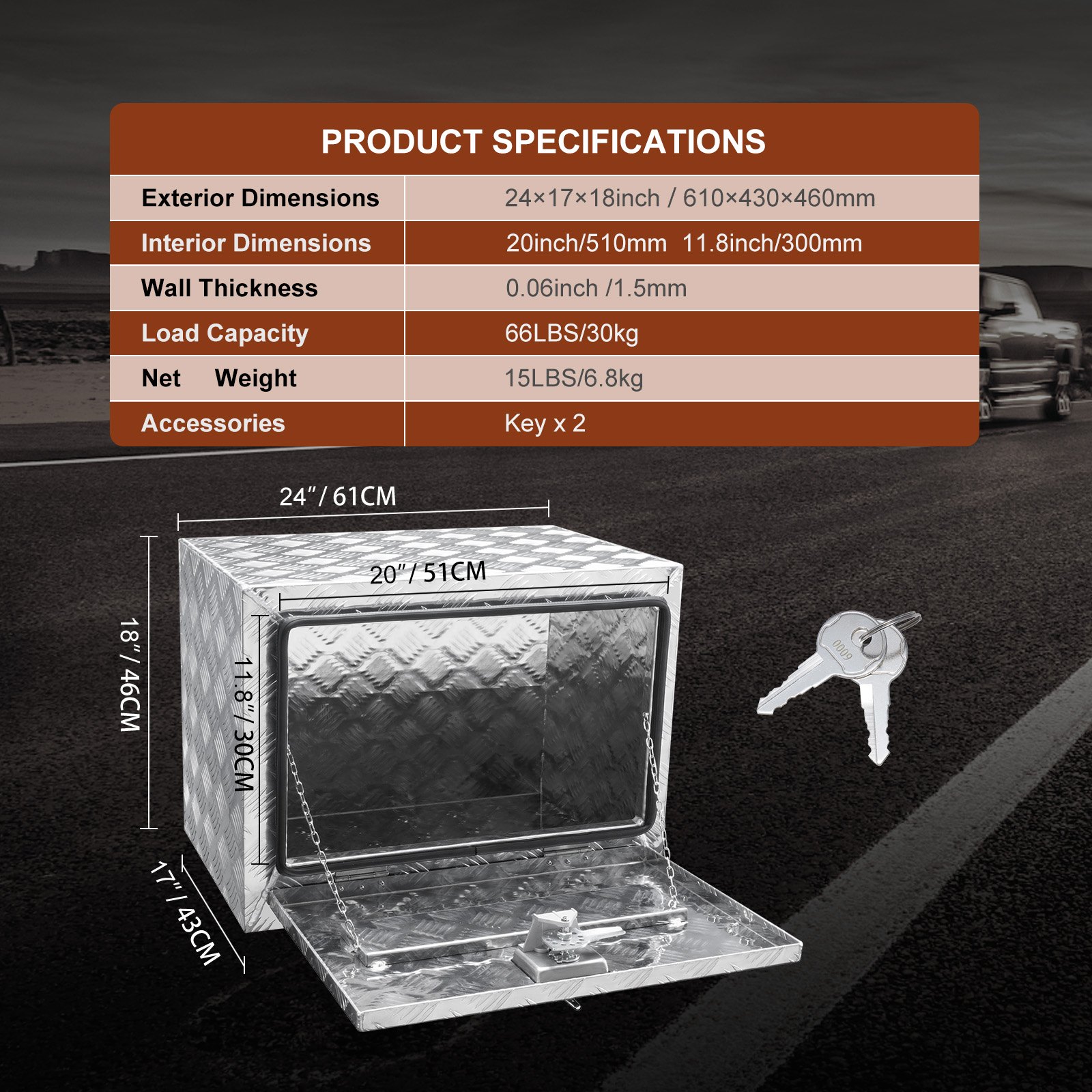Caja de carrocería para camión VEVOR con dimensiones, capacidad de carga, peso y detalles de accesorios mostrados.