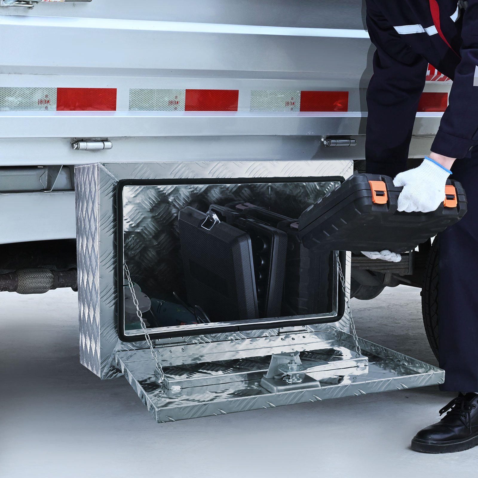 Caja debajo de la carrocería del camión VEVOR en uso, almacenando herramientas y equipos de forma segura debajo de un vehículo.